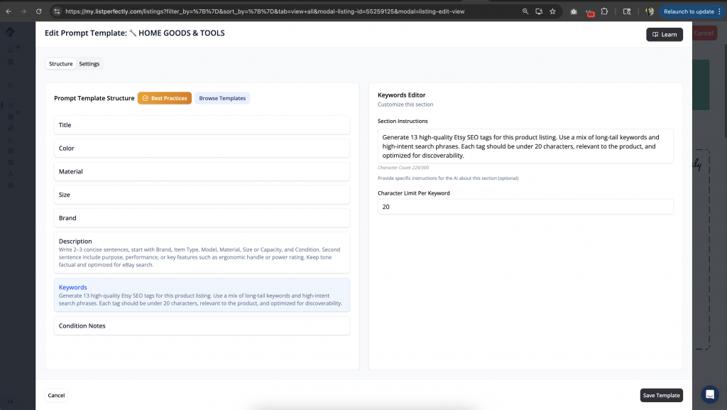 Listing Assistant templates showing the custom prompt
